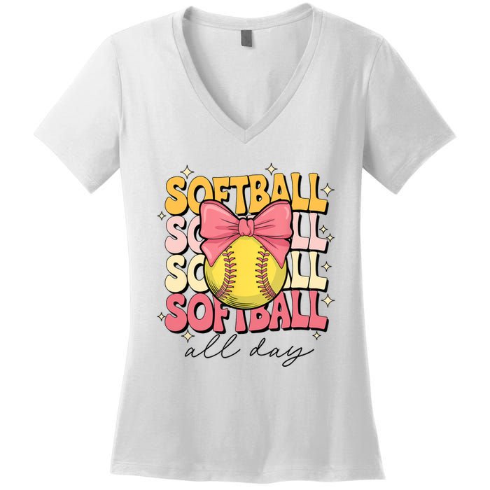 Groovy Softball Coquette Bow Softball Lover Softball All Day  Women's V-Neck T-Shirt