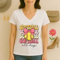 Groovy Softball Coquette Bow Softball Lover Softball All Day  Women's V-Neck T-Shirt