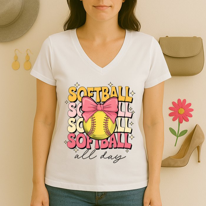 Groovy Softball Coquette Bow Softball Lover Softball All Day  Women's V-Neck T-Shirt