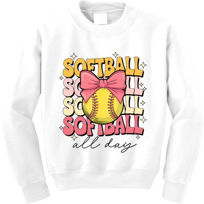 Groovy Softball Coquette Bow Softball Lover Softball All Day  Kids Sweatshirt