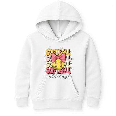 Groovy Softball Coquette Bow Softball Lover Softball All Day  Kids Hoodie
