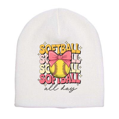Groovy Softball Coquette Bow Softball Lover Softball All Day  Short Acrylic Beanie