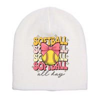 Groovy Softball Coquette Bow Softball Lover Softball All Day  Short Acrylic Beanie