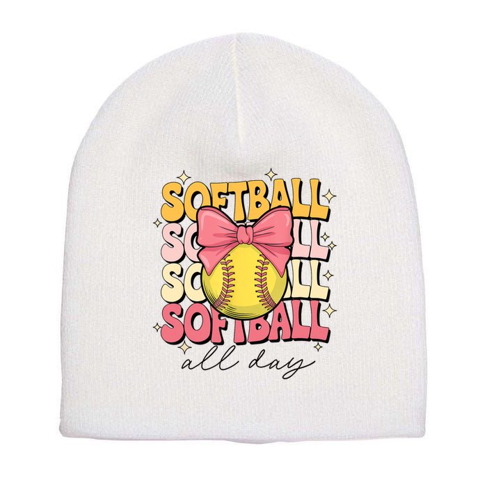 Groovy Softball Coquette Bow Softball Lover Softball All Day  Short Acrylic Beanie