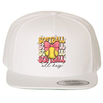 Groovy Softball Coquette Bow Softball Lover Softball All Day  Wool Snapback Cap