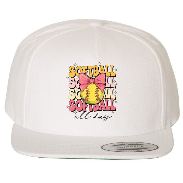 Groovy Softball Coquette Bow Softball Lover Softball All Day  Wool Snapback Cap