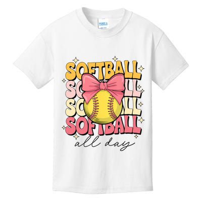 Groovy Softball Coquette Bow Softball Lover Softball All Day  Kids T-Shirt