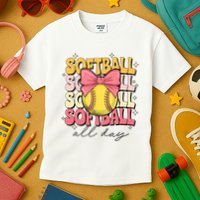 Groovy Softball Coquette Bow Softball Lover Softball All Day  Kids T-Shirt