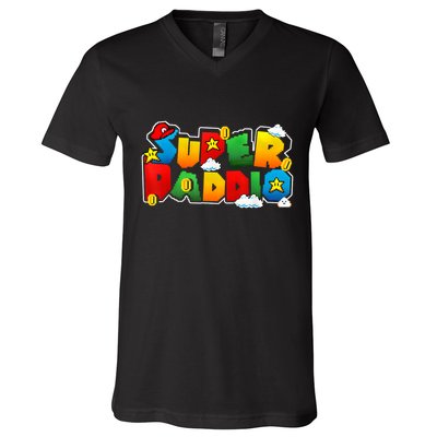 Gamer Super Daddy Funny Father Day Gifts From Wife & Kids V-Neck T-Shirt