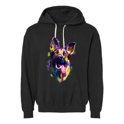 German Shepherd Dog Face Watercolor Colorful Pop Splash Art Garment-Dyed Fleece Hoodie