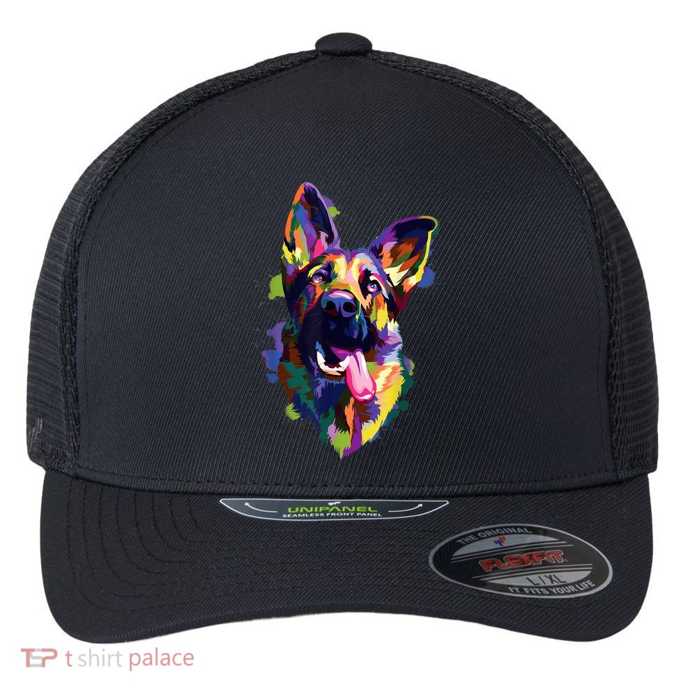 German Shepherd Dog Face Watercolor Colorful Pop Splash Art Flexfit Unipanel Trucker Cap