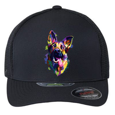 German Shepherd Dog Face Watercolor Colorful Pop Splash Art Flexfit Unipanel Trucker Cap