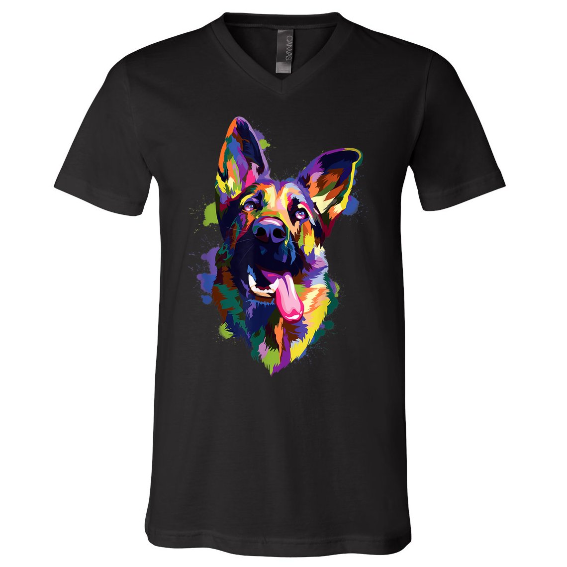 German Shepherd Dog Face Watercolor Colorful Pop Splash Art V-Neck T-Shirt