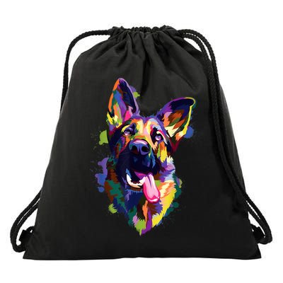 German Shepherd Dog Face Watercolor Colorful Pop Splash Art Drawstring Bag