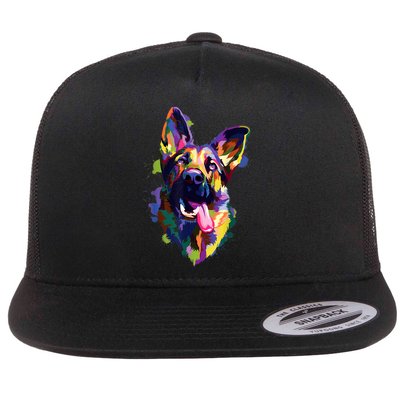 German Shepherd Dog Face Watercolor Colorful Pop Splash Art Flatbill Hat
