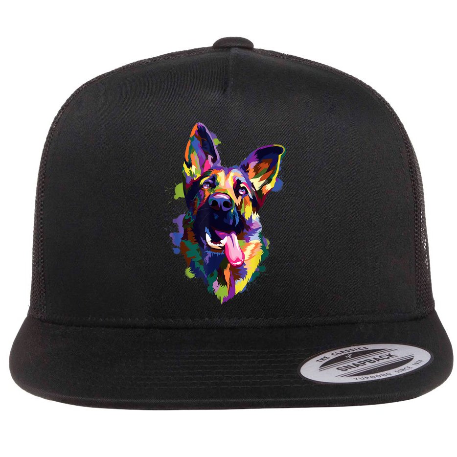 German Shepherd Dog Face Watercolor Colorful Pop Splash Art Flat Bill Trucker Hat