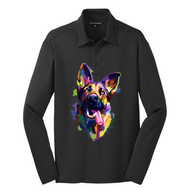 German Shepherd Dog Face Watercolor Colorful Pop Splash Art Silk Touch Performance Long Sleeve Polo