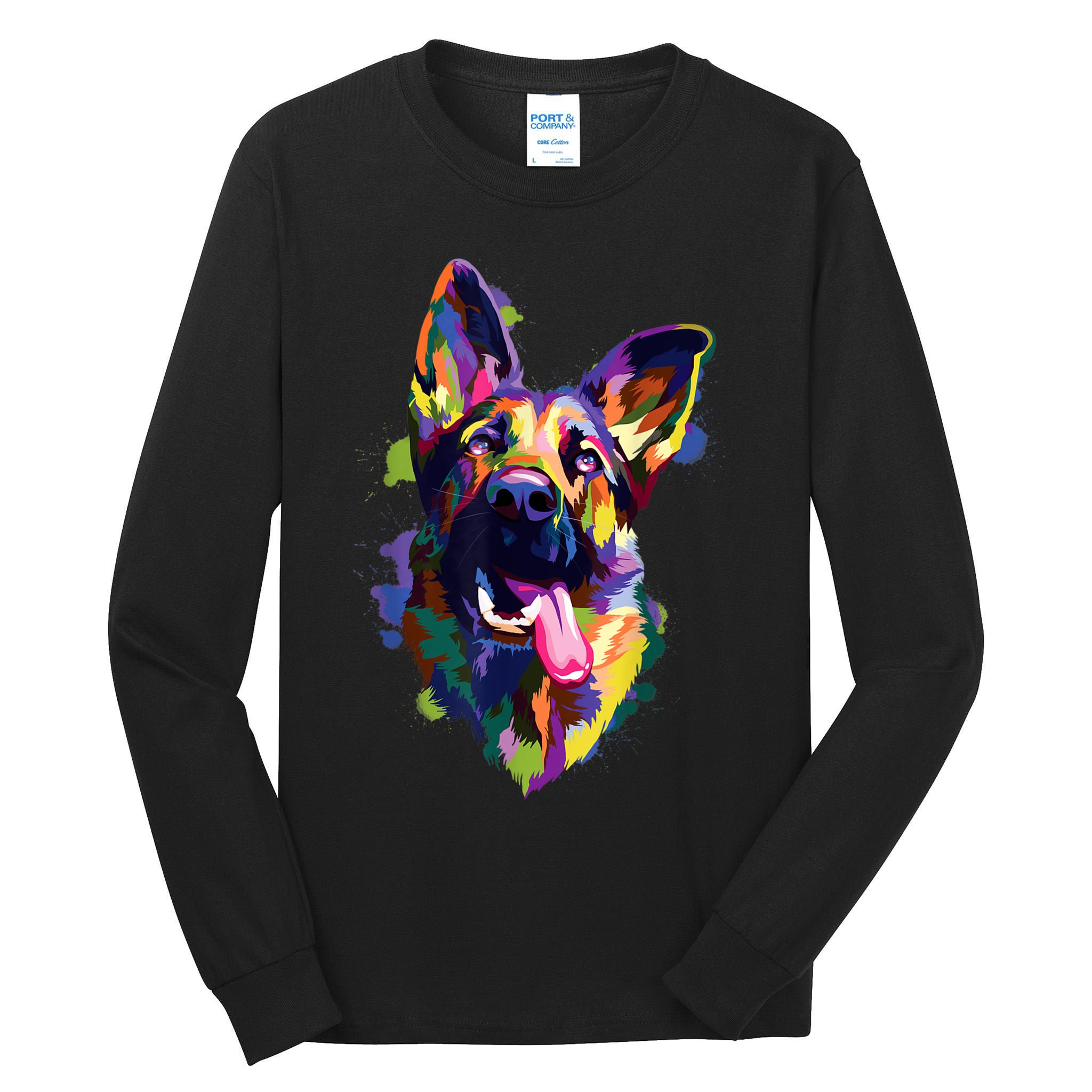 German Shepherd Dog Face Watercolor Colorful Pop Splash Art Tall Long Sleeve T-Shirt