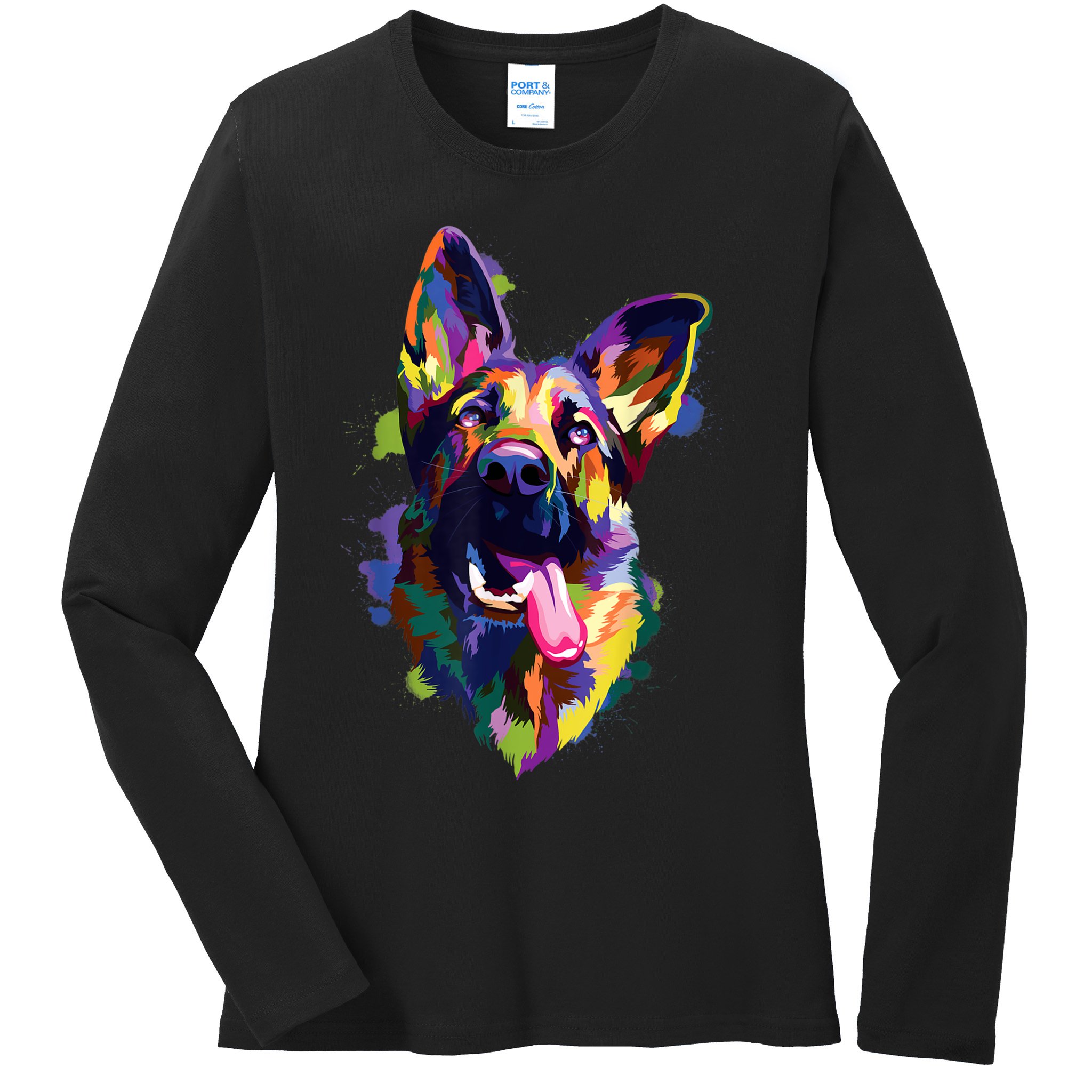 German Shepherd Dog Face Watercolor Colorful Pop Splash Art Ladies Long Sleeve Shirt