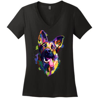 German Shepherd Dog Face Watercolor Colorful Pop Splash Art Women's V-Neck T-Shirt