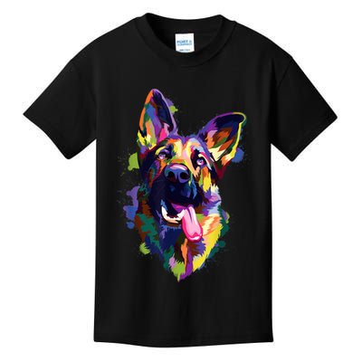 German Shepherd Dog Face Watercolor Colorful Pop Splash Art Kids T-Shirt