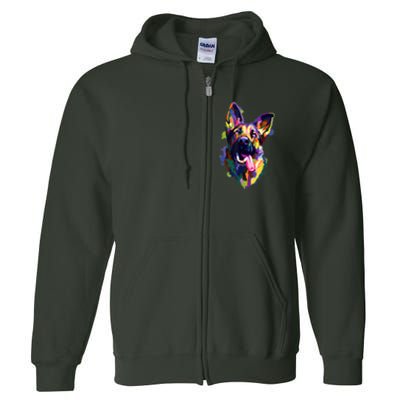 German Shepherd Dog Face Watercolor Colorful Pop Splash Art Full Zip Hoodie