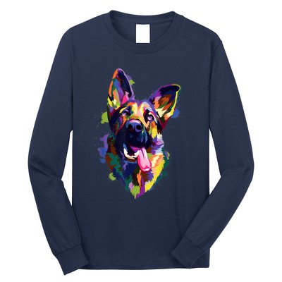 German Shepherd Dog Face Watercolor Colorful Pop Splash Art Long Sleeve Shirt