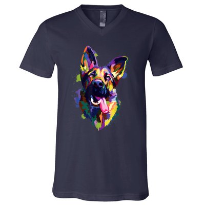 German Shepherd Dog Face Watercolor Colorful Pop Splash Art V-Neck T-Shirt