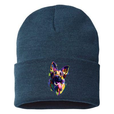 German Shepherd Dog Face Watercolor Colorful Pop Splash Art Sustainable Knit Beanie