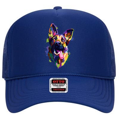 German Shepherd Dog Face Watercolor Colorful Pop Splash Art High Crown Mesh Back Trucker Hat