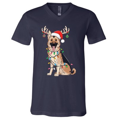 German Shepherd Dog Tree Christmas Lights Dog Lover Pajama V-Neck T-Shirt