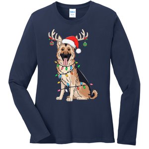 German Shepherd Dog Tree Christmas Lights Dog Lover Pajama Ladies Long Sleeve Shirt