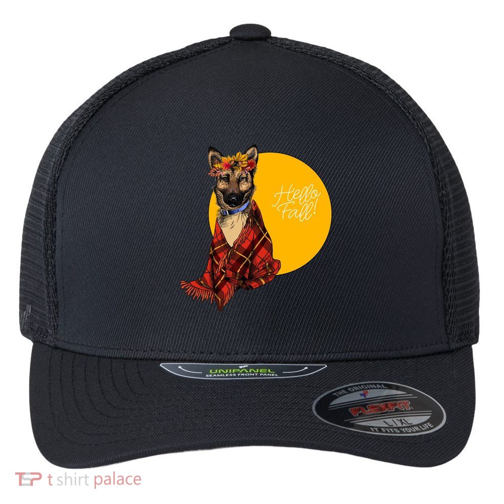 German Shepherd Dog Autumn leaves Blanket Hello Fall Flexfit Unipanel Trucker Cap