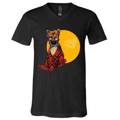 German Shepherd Dog Autumn leaves Blanket Hello Fall V-Neck T-Shirt