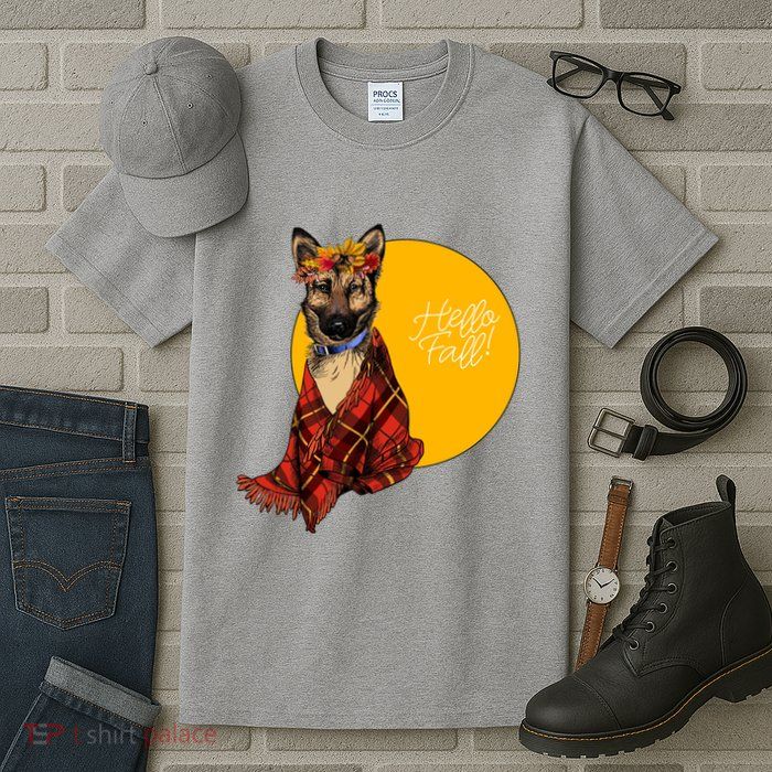 German Shepherd Dog Autumn leaves Blanket Hello Fall Tall T-Shirt