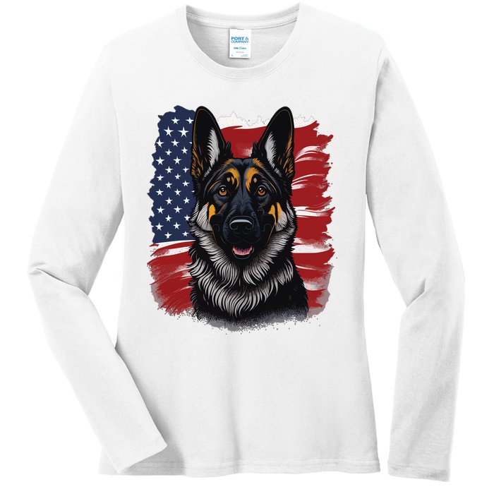 German Shepherd Dog USA Flag Ladies Long Sleeve Shirt