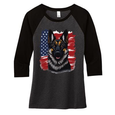 German Shepherd Dog USA Flag Women's Tri-Blend 3/4-Sleeve Raglan Shirt