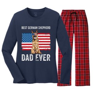 German Shepherd Dad American Flag Dog Lover Owner Gsd Dad Women's Long Sleeve Flannel Pajama Set 