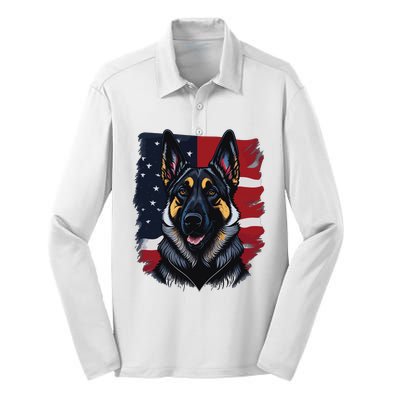 German Shepherd Dog USA Flag Silk Touch Performance Long Sleeve Polo