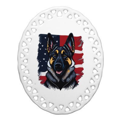 German Shepherd Dog USA Flag Ceramic Oval Ornament