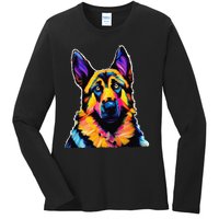 German Shepherd Dog Lover Colorful Artistic Mom Ladies Long Sleeve Shirt