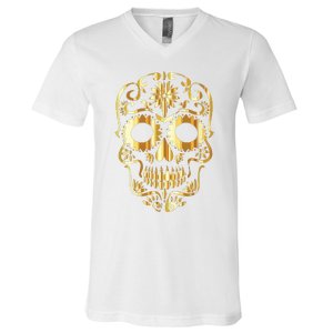 Golden Skull Day Of The Dead Mask Dia De Muertos V-Neck T-Shirt