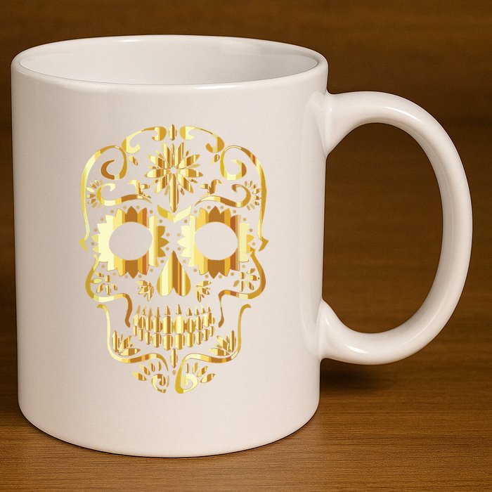 Golden Skull Day Of The Dead Mask Dia De Muertos 11oz C Handle Ceramic Mug