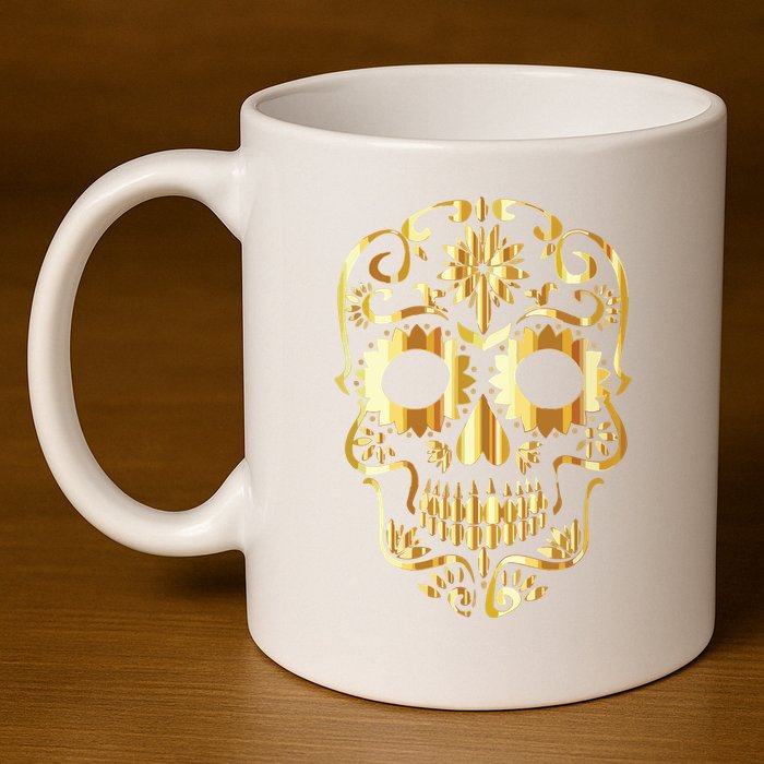 Golden Skull Day Of The Dead Mask Dia De Muertos 11oz C Handle Ceramic Mug
