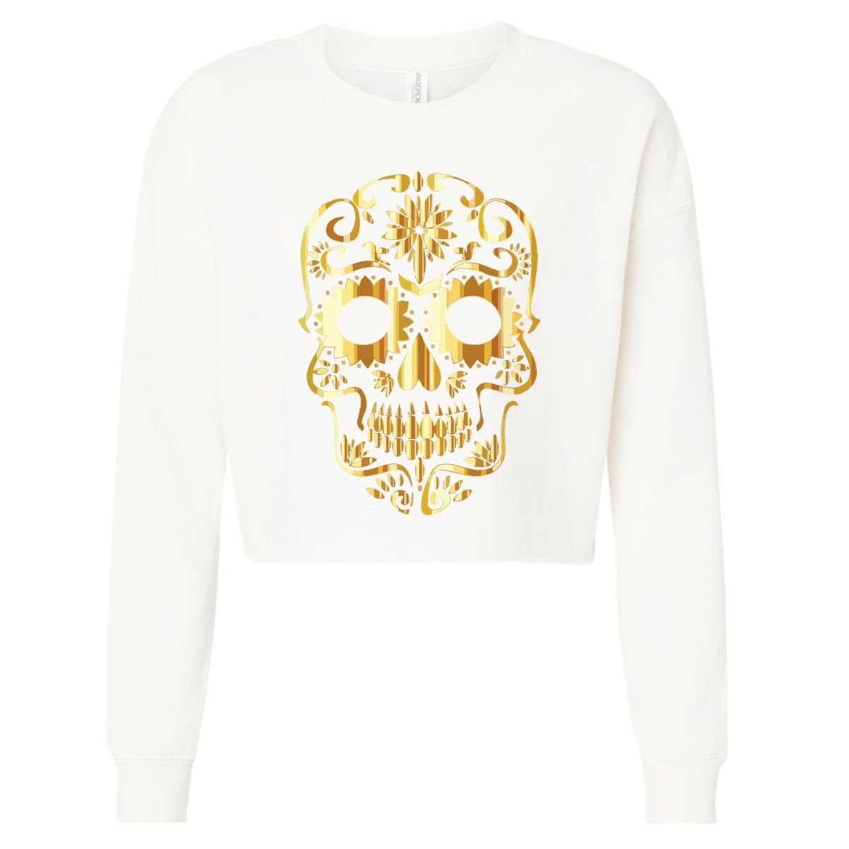 Golden Skull Day Of The Dead Mask Dia De Muertos Cropped Pullover Crew