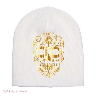 Golden Skull Day Of The Dead Mask Dia De Muertos Short Acrylic Beanie