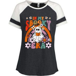 Groovy Sbooky Era Cute Ghost Boo Funny Reading Halloween Enza Ladies Jersey Colorblock Tee