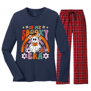 Groovy Sbooky Era Cute Ghost Boo Funny Reading Halloween Women's Long Sleeve Flannel Pajama Set 