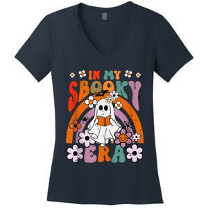 Groovy Sbooky Era Cute Ghost Boo Funny Reading Halloween Women's V-Neck T-Shirt