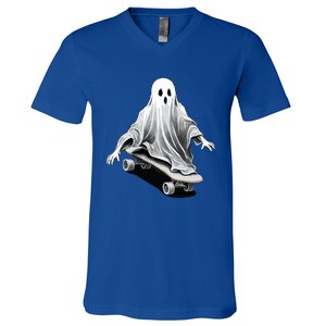 Ghost Skateboard Funny Skateboarding Lazy Halloween Costume Funny Gift V-Neck T-Shirt